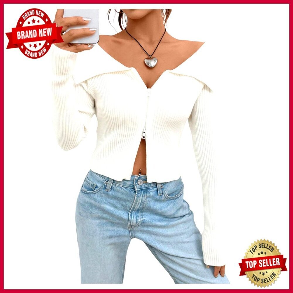 Cropped Off Shoulder Cardigan Zip Up Long Sleeve Knit Top Sweater